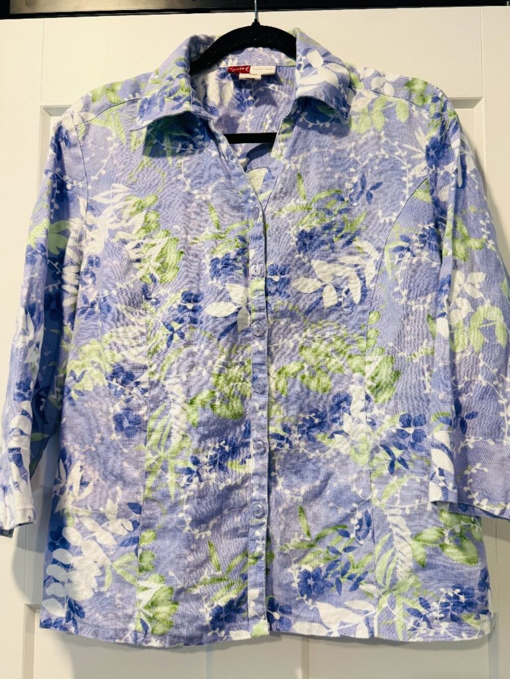 JM Collection Lavender & Green Linen Button-Down Long-Sleeve Blouse